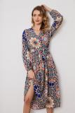 Large flower long-sleeved waist dress