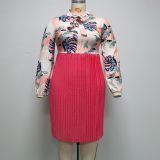 Round neck bow long-sleeved printed pleated dress