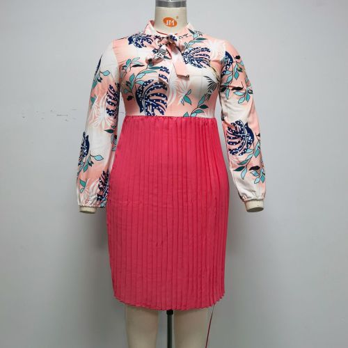 Round neck bow long-sleeved printed pleated dress