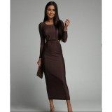 Round neck slim solid color split open back waist dress