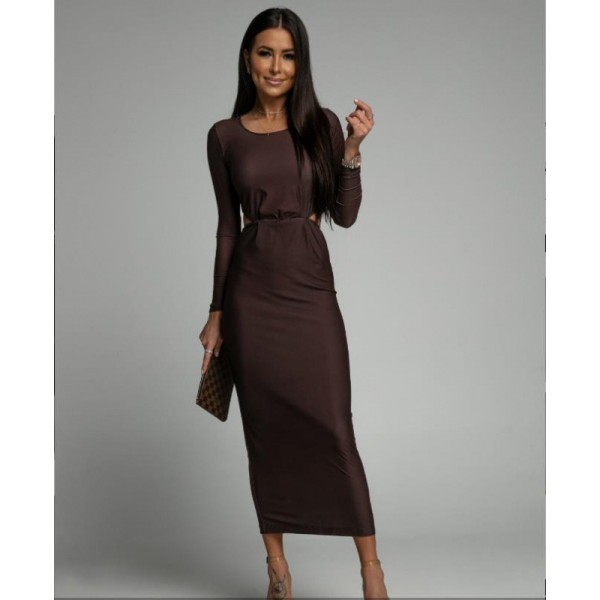 Round neck slim solid color split open back waist dress