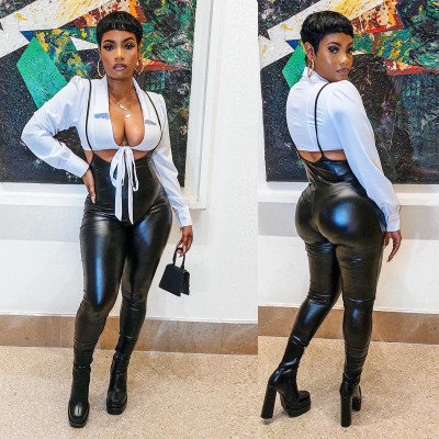 PU leather suspender zipper pants+shirt top two-piece suit
