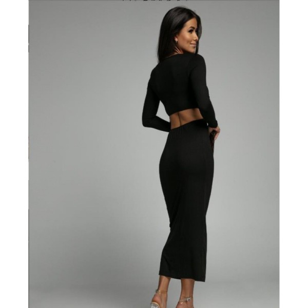 Round neck slim solid color split open back waist dress