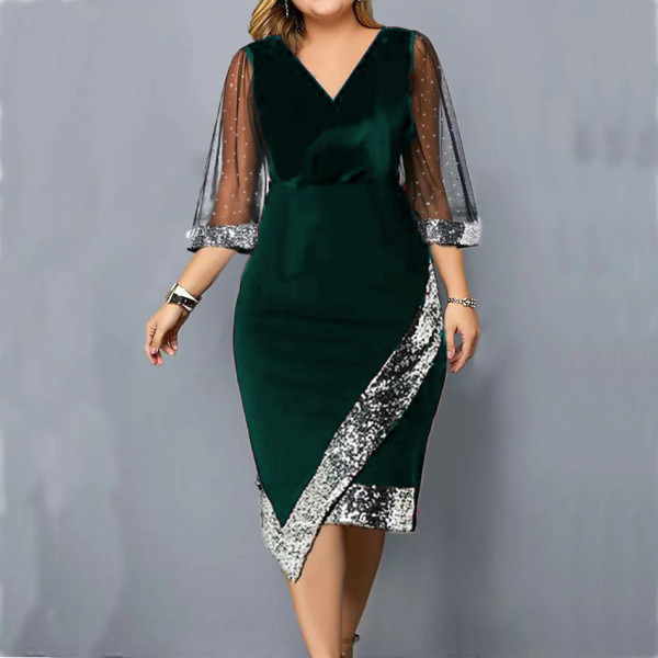 Golden velvet irregular sequin see-through mesh women's dress
