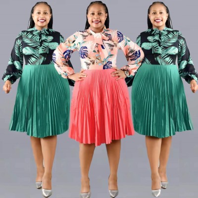 Round neck bow long-sleeved printed pleated dress