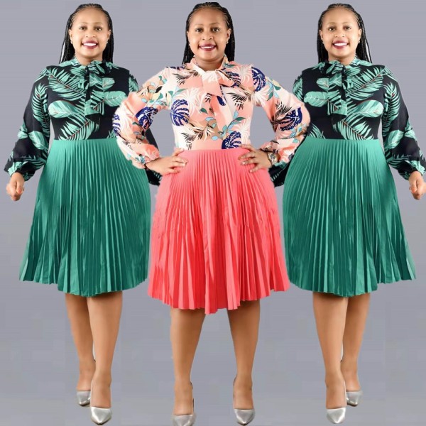 Round neck bow long-sleeved printed pleated dress