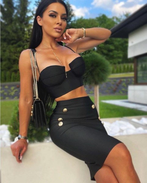 Bandage skirt suit sexy wipe suspender top high waist button short skirt high street two-piece set