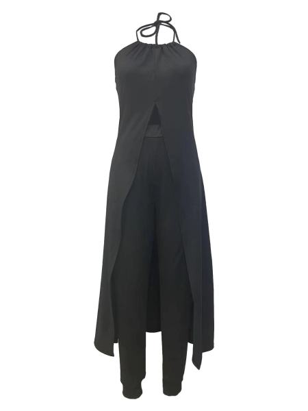 Temperament hanging neck sleeveless solid color open back loose top high waist pants suit