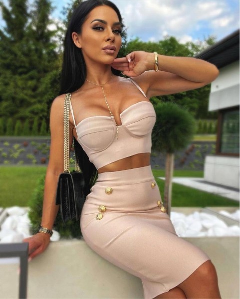 Bandage skirt suit sexy wipe suspender top high waist button short skirt high street two-piece set