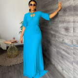 Large women's dress with solid color waist elegant dress