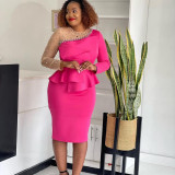 Large women's solid color patchwork beaded commuter dress