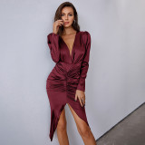Bubble Long Sleeve Slim Dress V-neck Irregular Tint Midskirt Waist Fold Dress