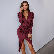 Bubble Long Sleeve Slim Dress V-neck Irregular Tint Midskirt Waist Fold Dress Bubble Long Sleeve Slim Dress V-neck Irregular Tint Midskirt Waist Fold Dress