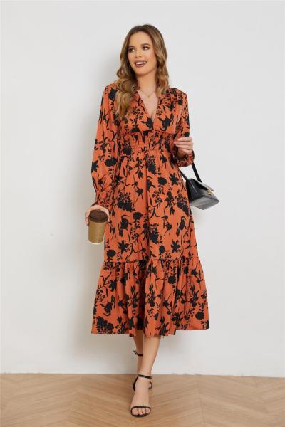 Floral V-neck high waist long dress