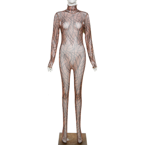 Women's fashion print sexy mesh perspective high-waisted bodysuit