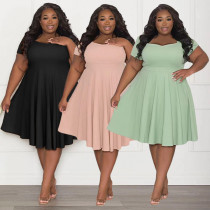 Women's fashion sexy large size dress square neck short sleeve large skirt solid color skirt