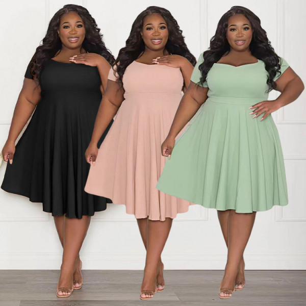 Women's fashion sexy large size dress square neck short sleeve large skirt solid color skirt
