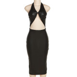 Sexy Sleeveless Solid Color Neck Hanging High Waist Slim Slim Dress