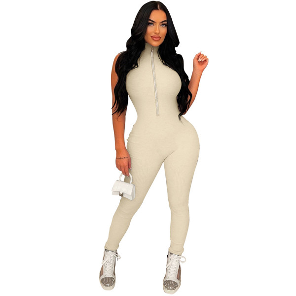 Fashion women's solid color diamond chain one-piece sleeveless trousers