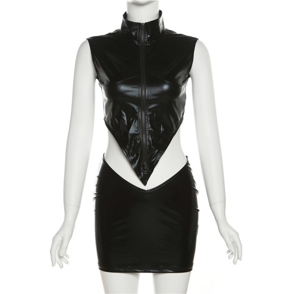Women's sexy glossy imitation leather tight-fitting vest, high waist, buttocks, short skirt suit