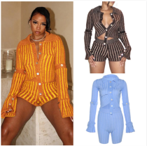 Women's fashion long sleeve single breasted design T-shirt striped shorts suit Women's fashion long sleeve single breasted design T-shirt striped shorts suit