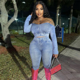 Digital printing off shoulder top with high waist and hip lifting casual trousers set