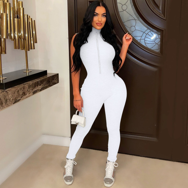 Fashion women's solid color diamond chain one-piece sleeveless trousers