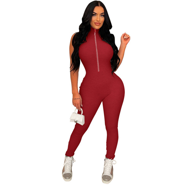 Fashion women's solid color diamond chain one-piece sleeveless trousers