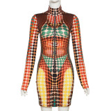 Sexy high neck zipper digital print high waist tight buttock dress