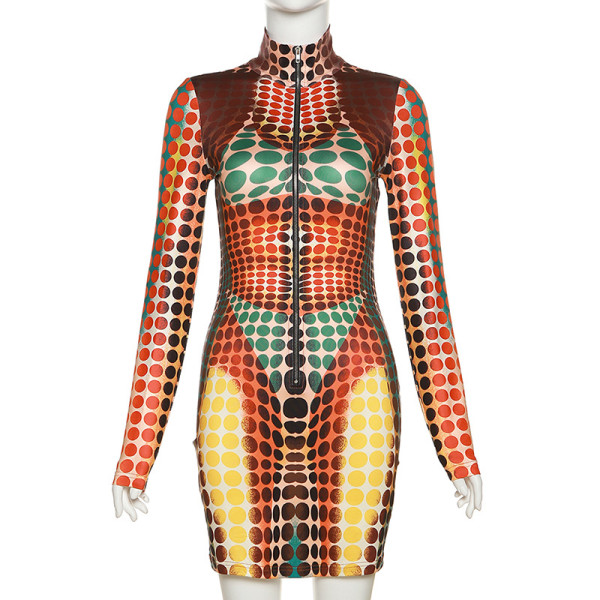 Sexy high neck zipper digital print high waist tight buttock dress