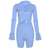 Women's fashion long sleeve single breasted design T-shirt striped shorts suit