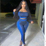 Digital printing off shoulder top with high waist and hip lifting casual trousers set