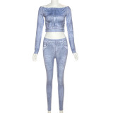 Digital printing off shoulder top with high waist and hip lifting casual trousers set