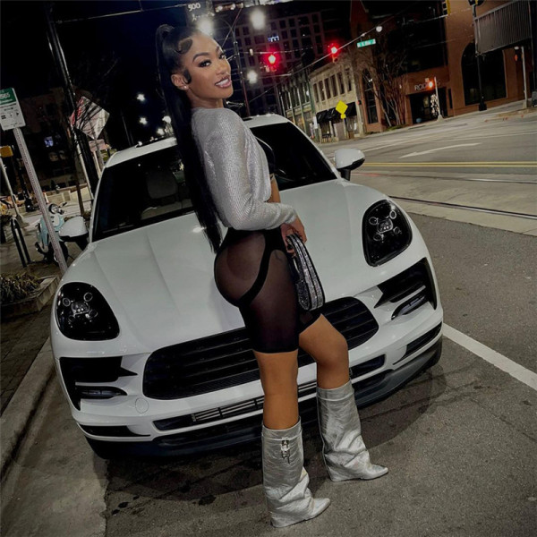Women's sexy mesh perspective street shot high-waisted buttocks tight casual shorts