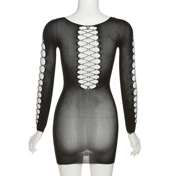 Fashion jacquard hollow-out round neck high waist slim short dress