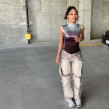 Digital gradient printing street trendy slim casual top