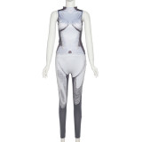 Printed high-necked sleeveless tank top high-waisted slim pants suit