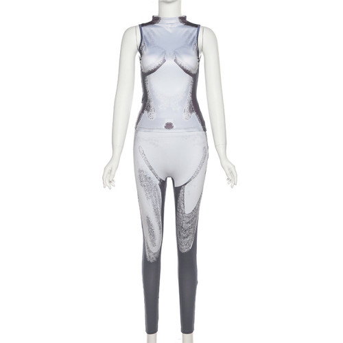 Printed high-necked sleeveless tank top high-waisted slim pants suit