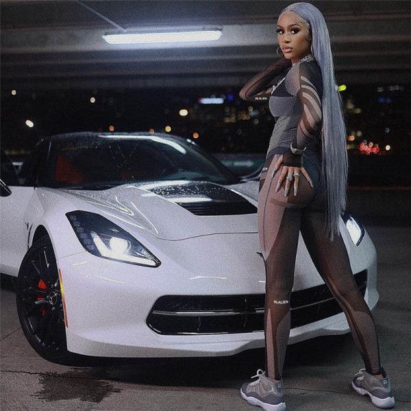 Fashion printed round neck top with high waist and buttock tight pants set