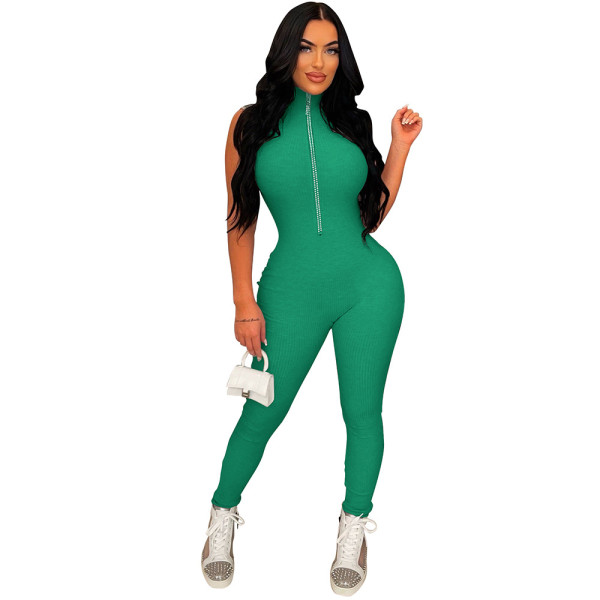 Fashion women's solid color diamond chain one-piece sleeveless trousers