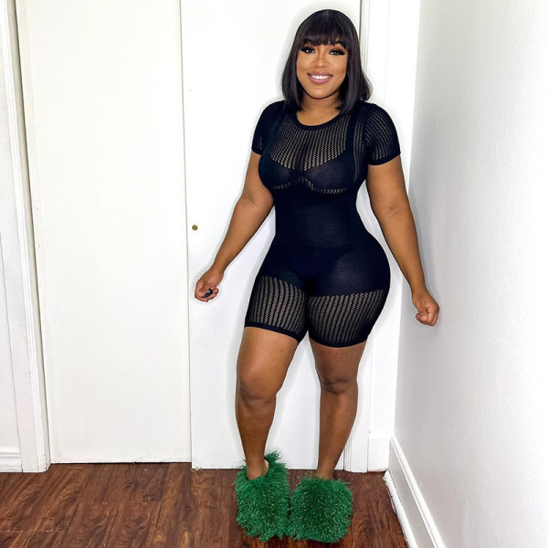 Women's sexy hollow buttock tight knit high-waist casual one-piece shorts
