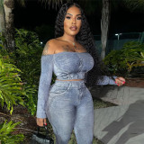 Digital printing off shoulder top with high waist and hip lifting casual trousers set