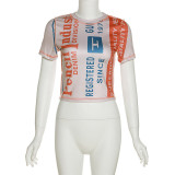 Fashion digital print color contrast round neck slim street top