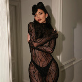 Women's fashion print sexy mesh perspective high-waisted bodysuit