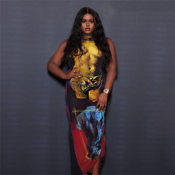 Fashion printed screen hollowed-out round neck high-waisted bodysuit skirt