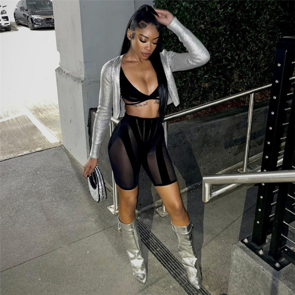 Women's sexy mesh perspective street shot high-waisted buttocks tight casual shorts