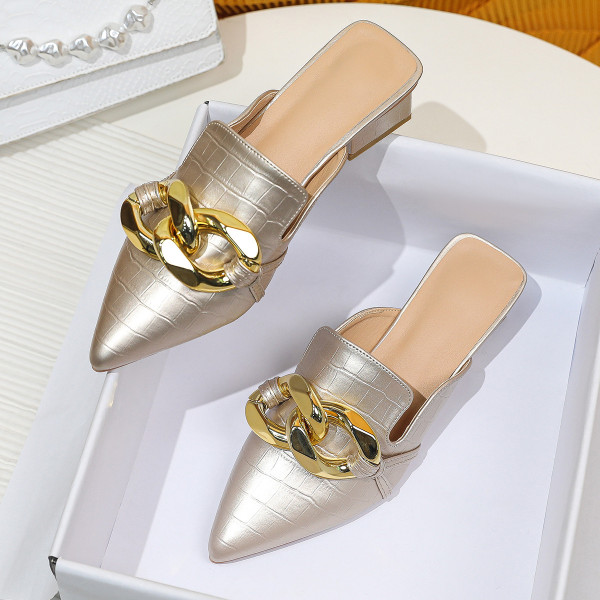 Versatile pointed shallow metal buckle flat shoes