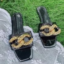 Oversized women's slippers retro metal button square head flat bottom sandal slippers summer slippers