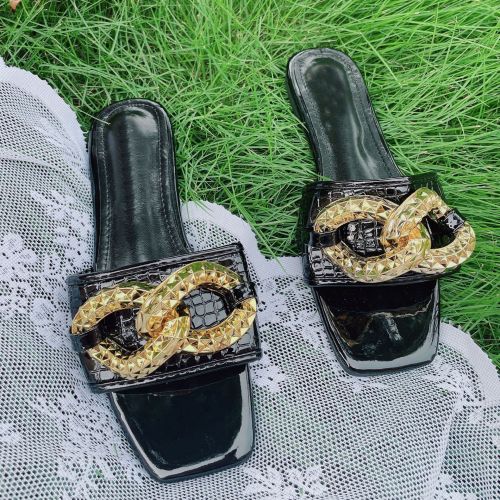 Oversized women's slippers retro metal button square head flat bottom sandal slippers summer slippers