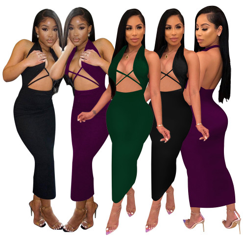 Nightclub sexy cut-out chest sleeveless neck dress